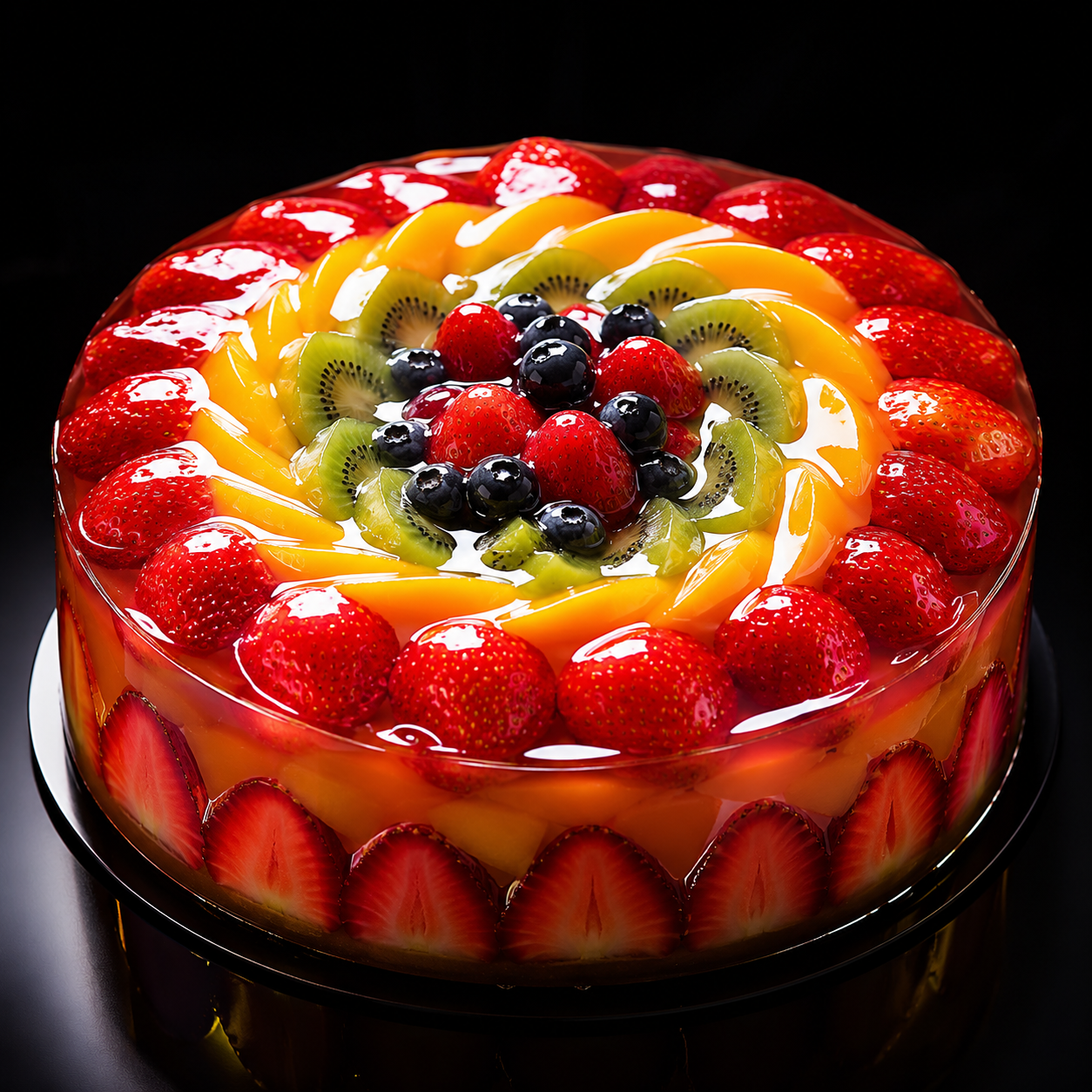 Pastel decorado con frutas frescas y un acabado de brillo profesional